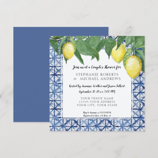 Invitation Bleu Shibori japonais et douche à deux citron blan (Devant / Derrière)