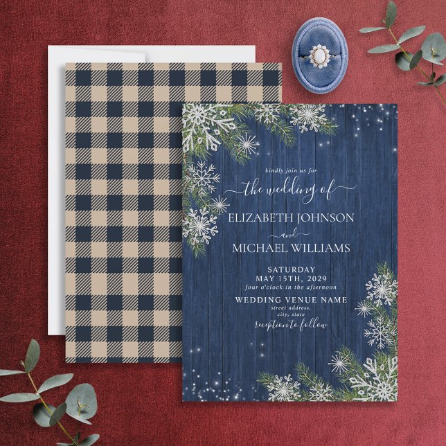 Invitation Bleu Silver Hiver Bois Plaid Rustique Mariage (Créateur téléchargé)