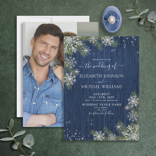 Invitation Bleu Silver Hiver Bois Plaid Rustique Photo Mariag