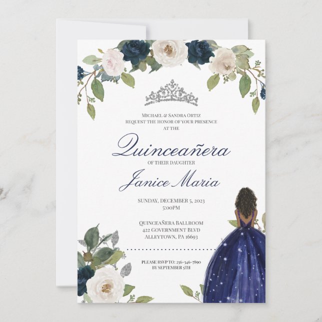 Invitation Bleu Silver Tiara Floral Robe élégante Quinceañera (Devant)
