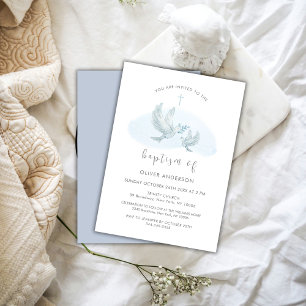Invitation Bleu simple aquarelle Oiseau Dove Croix Boy Baptêm