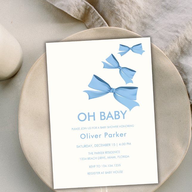 Invitation Bleu simple Bow Ribbon Boy Baby shower (Blue Simple Bow Ribbon Boy Baby Shower Invitation)