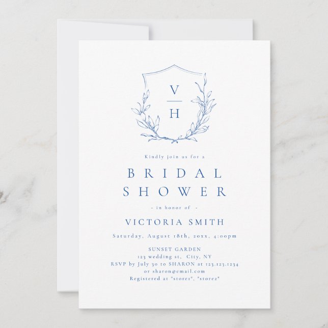 Invitation Bleu simple crête botanique monogramme douche nupt (Devant)