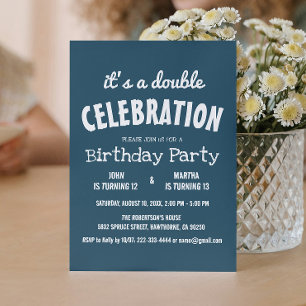 Invitation Bleu simple et élégant Double fête d'anniversaire