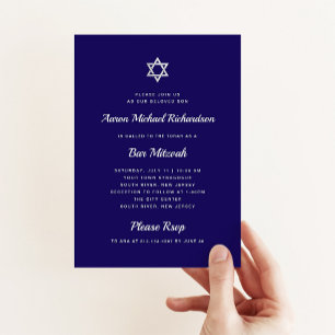 Invitation Bleu simple et gras Blanc et argenté Bar Mitzvah