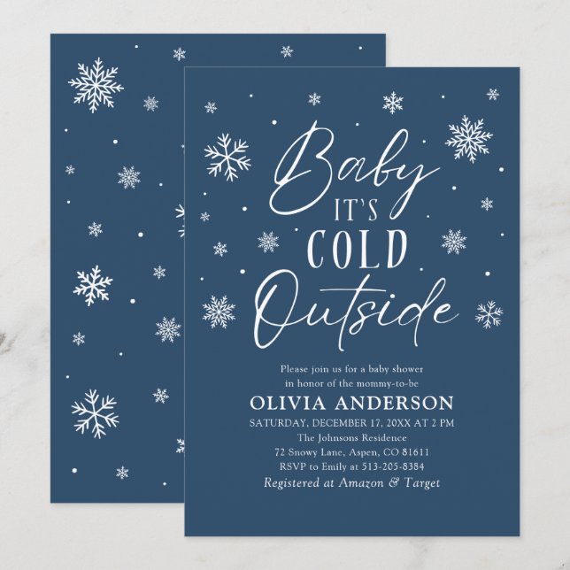 Invitation Bleu Snowflakes Baby Il fait froid dehors Baby sho (Devant / Derrière)