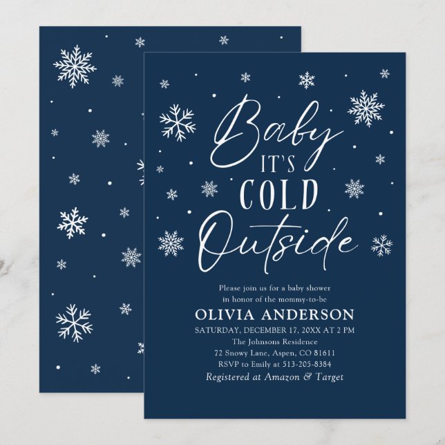 Invitation Bleu Snowflakes Baby Il fait froid dehors Baby sho (Devant / Derrière)
