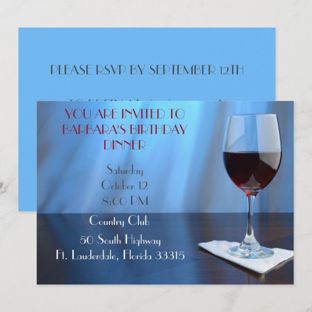 Invitation Bleu Sophistiqué Vin rouge anniversaire (Devant / Derrière)