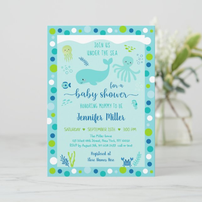 Invitation Bleu Sous La Mer Baby shower De Baleine Nautique (Debout devant)