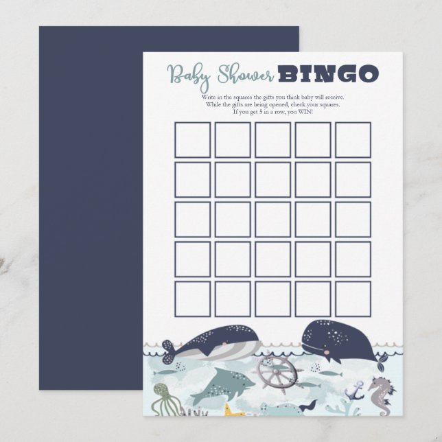 Invitation Bleu sous la mer Océan thème Baby shower Bingo (Devant / Derrière)