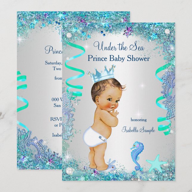 Invitation Bleu sous la mer Prince Baby shower Brunette Boy (Devant / Derrière)