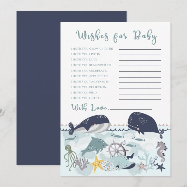 Invitation Bleu sous l'océan Mer Baby shower Voeux pour bébé (Devant / Derrière)
