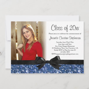 Invitation Bleu Sparkle-look ruban Bow Photo Graduation