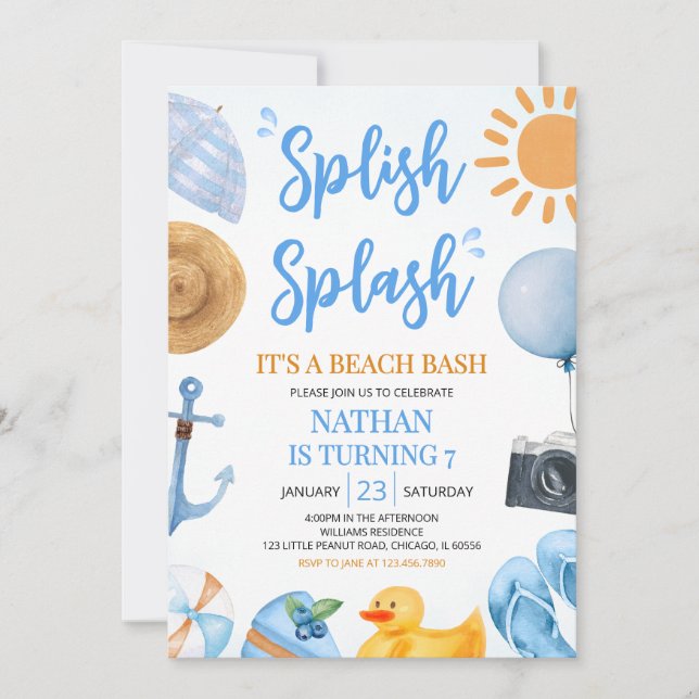Invitation Bleu Splish Splash Beach Bassin Anniversaire (Devant)
