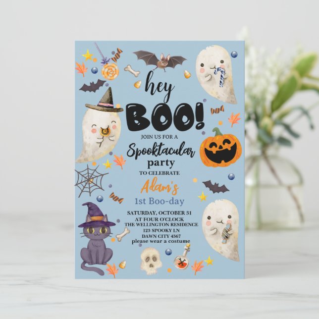 Invitation Bleu Spooktaculaire Halloween 1er Boo-day Annivers (Debout devant)