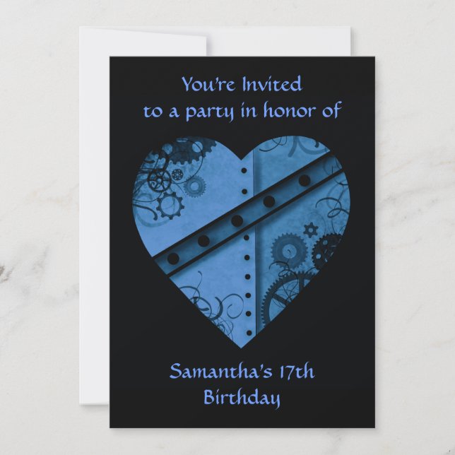 Invitation Bleu steampunk coeur anniversaire (Devant)