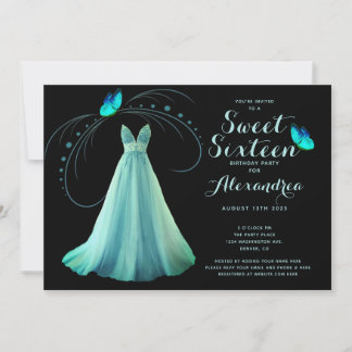 Invitation Bleu Sweet sixteen papillon 16 Anniversaire