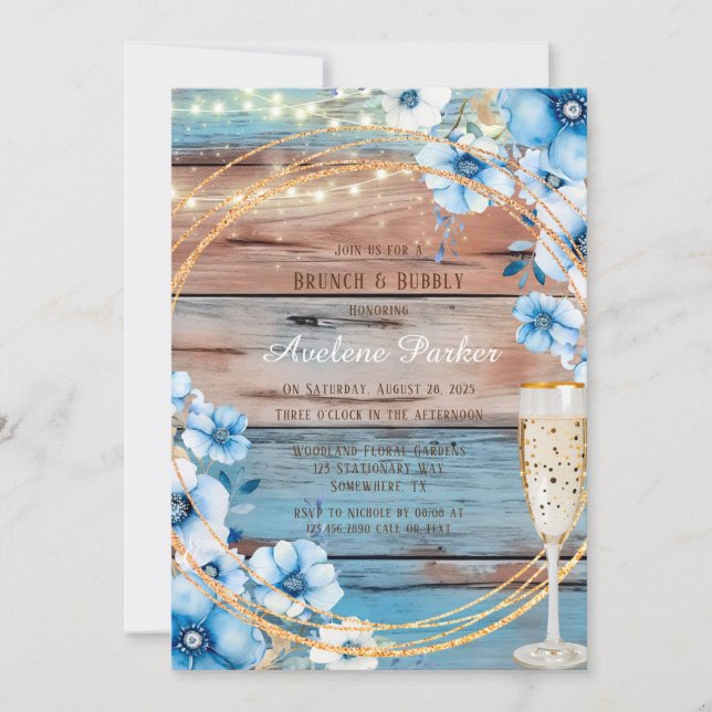 Invitation Bleu Tan Bois Lumières Florales Brunch & Bubbly (Devant)
