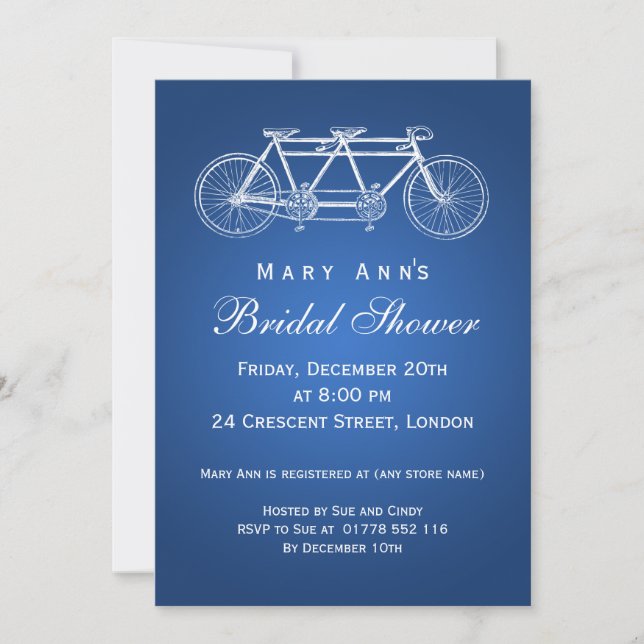 Invitation Bleu tandem de vélo de Fête de la mariée simple (Devant)
