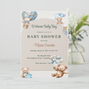 Invitation Bleu Teddy Bear Baby shower à air chaud