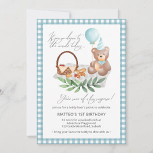 Invitation Bleu Teddy Bear Balloon Pique-nique 1er Anniversai