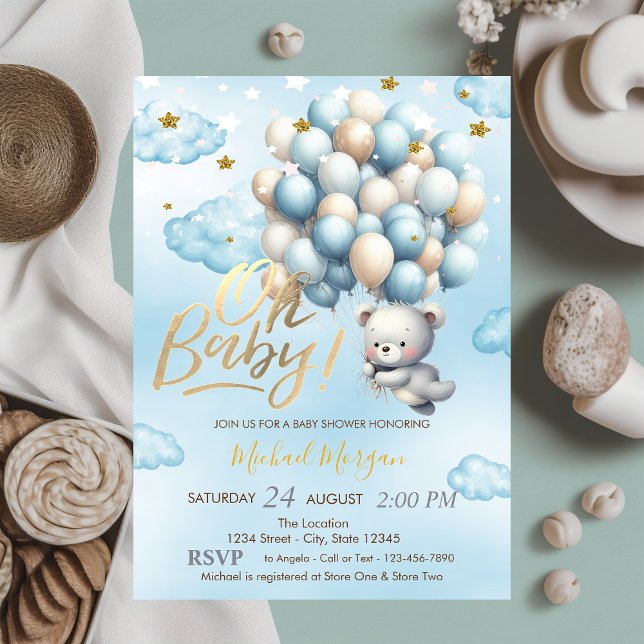 Invitation Bleu Teddy Ours Nuages Étoiles Baby shower à ballo (Créateur téléchargé)