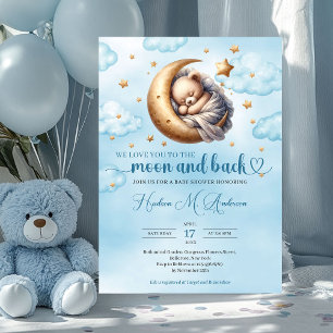 Invitation Bleu tendance et lune or et retour Baby shower Gar