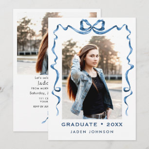 Invitation Bleu tendance Ruban 2 PHOTO Graduation Party