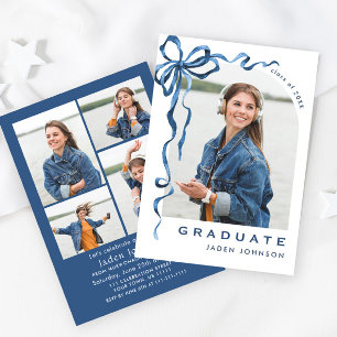 Invitation Bleu tendance Ruban de Bow 5 PHOTO Graduation Part