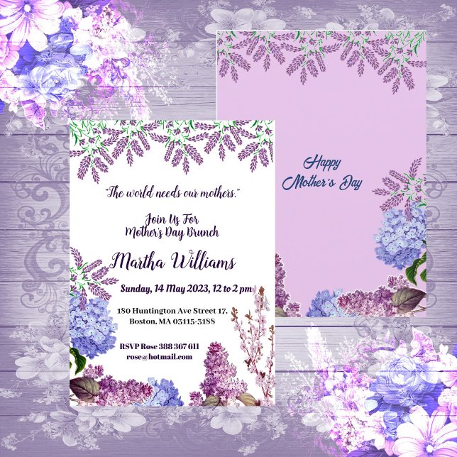 Invitation Bleu tendre Pastel Bud Lilac Hydrangea Fête des Mè (Soft Blue Pastel Bud Lilac Hydrangea Mother's Day Invitation)