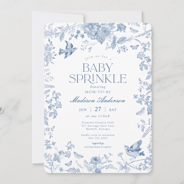 Invitation Bleu Toile De Jouy Fleurs Bébé Sprinkle (Devant)