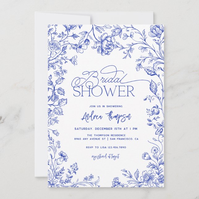 Invitation Bleu Toile Elégante Fête des mariées de Script mod (Devant)