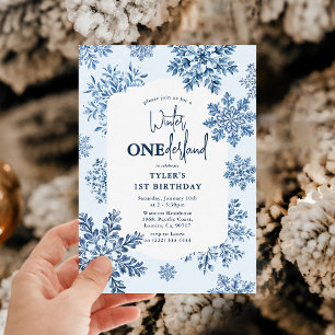Invitation Bleu Toile Snowflake Hiver 1er anniversaire