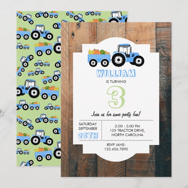 Invitation Bleu Tracteur Truck Farm Produits Anniversaire (Devant / Derrière)