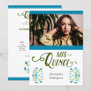 Invitation Bleu traditionnel mexicain Floral Photo Quinceaner