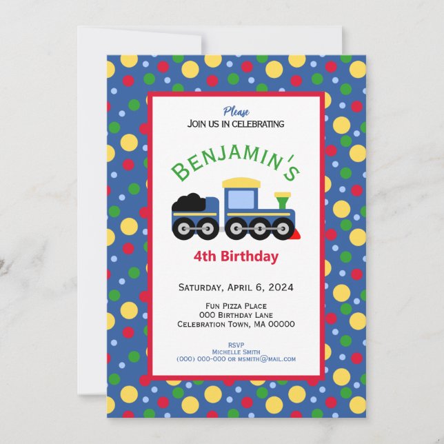 Invitation Bleu Train Engine et Charbon Voiture Anniversaire (Devant)