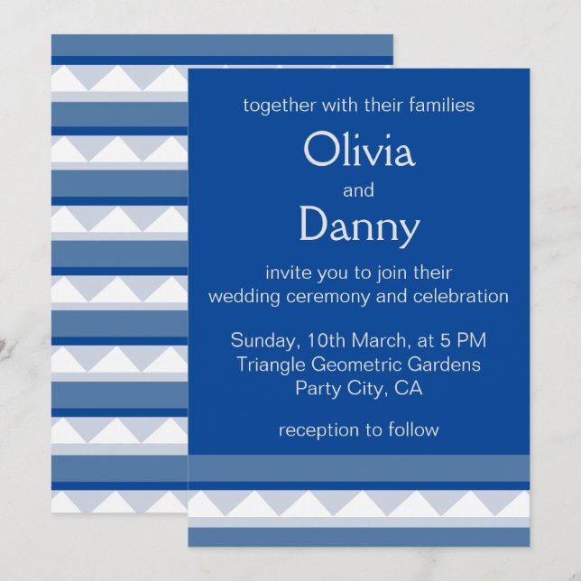 Invitation Bleu triangle rayures Mariage nautique (Devant / Derrière)