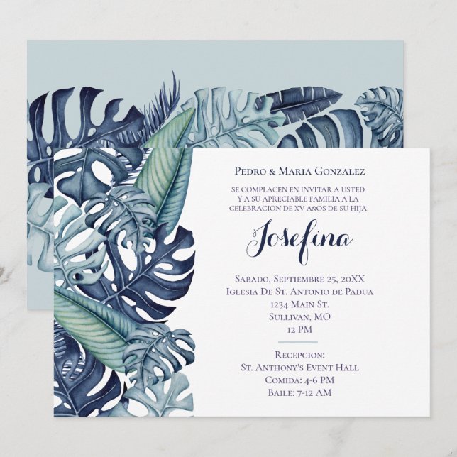 Invitation Bleu-Tropical-Foliage Quinceañera (Devant / Derrière)