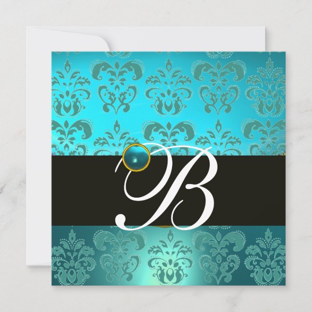 Invitation BLEU TURQUASE BLACK DAMASK MONOGRAM, aquamarine (Devant)