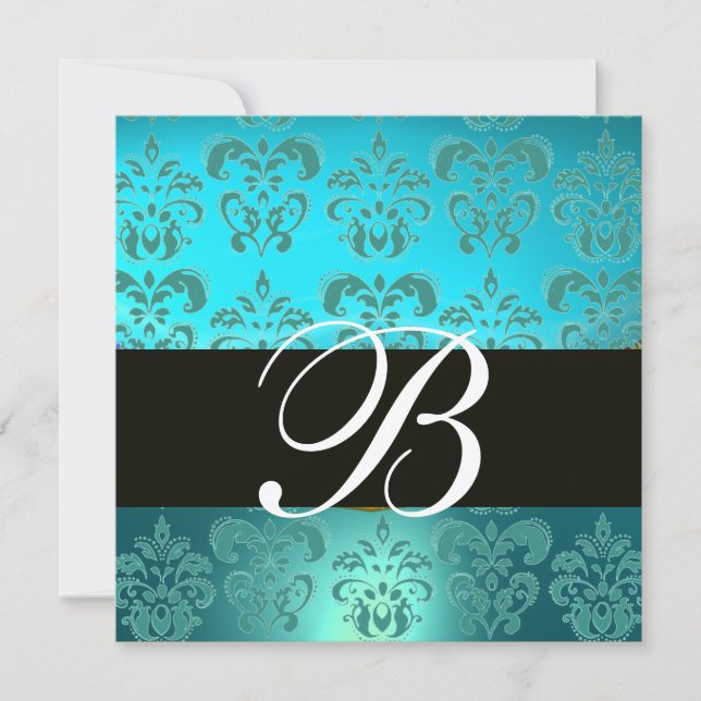 Invitation BLEU TURQUOISE NOIR  DAMAS MONOGRAMME , aigue-mari (Devant)