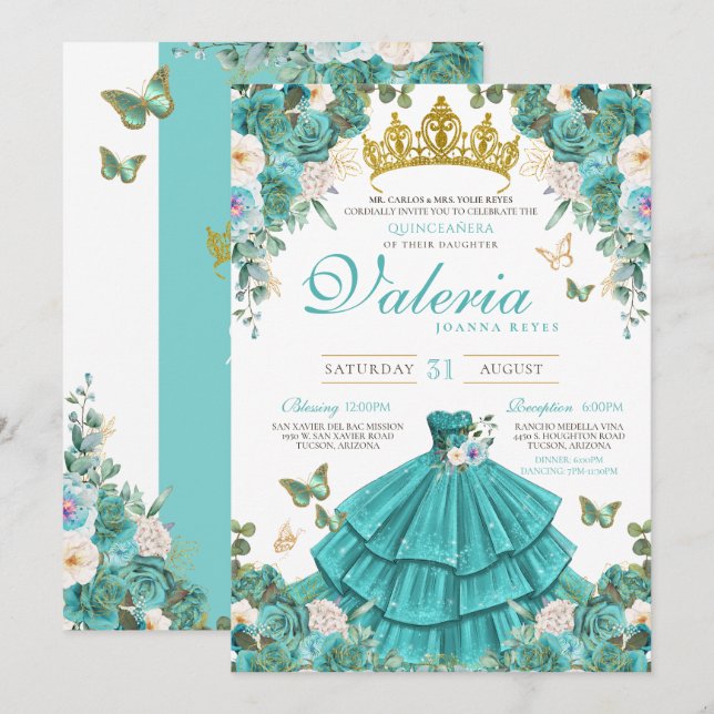 Invitation Bleu Turquoise Rose papillon Princesse Quinceanera (Devant / Derrière)