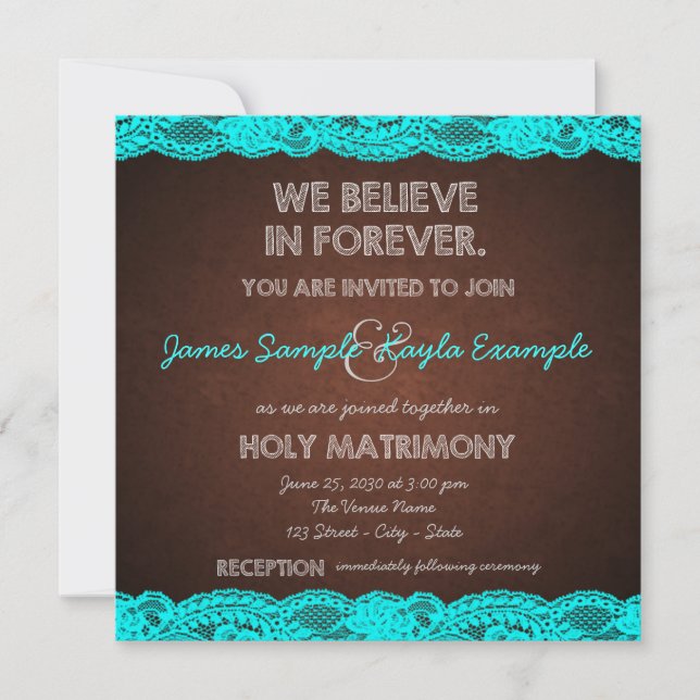 Invitation Bleu Turquoise rustique et Mariage Brown (Devant)