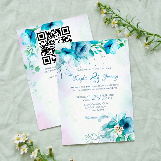 Invitation Bleu turquoise vert fleuri mariage tout en un (Créateur téléchargé)
