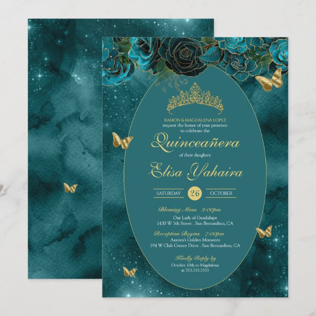 Invitation Bleu turquoise Vert Or Papillon de luxe Quinceaner (Devant / Derrière)