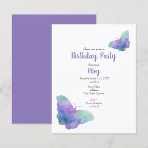 Invitation Bleu Turquoise Violet Aquarelle Papillons