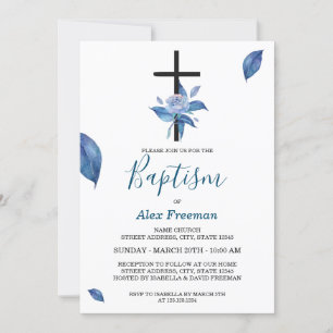 Invitation Bleu unique Rose d'aquarelle Baptême floral