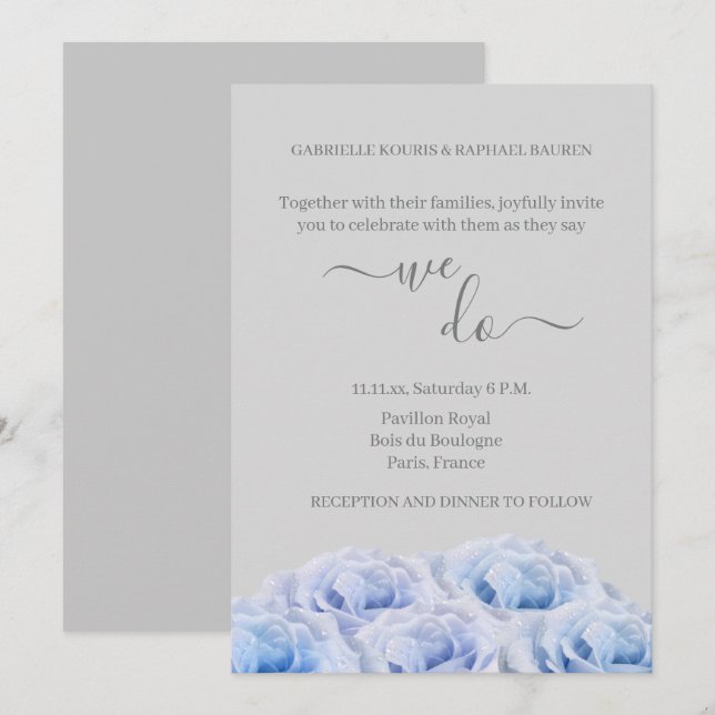 Invitation Bleu Véritable Fleurs Roses Gris Élégant Nous fais (Devant / Derrière)