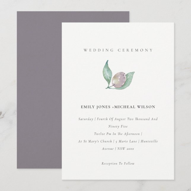 INVITATION BLEU VERT AQUARELLE FEUILLAGE OLIVE MARIAGE (Devant / Derrière)