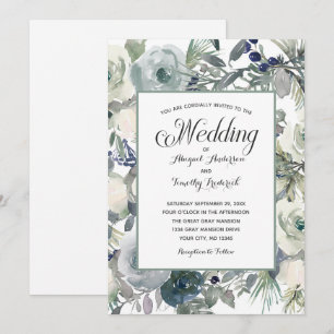 Invitation Bleu Vert Blanc Floral Élégant Mariage formel