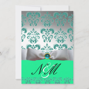 INVITATION BLEU VERT BLANC RIBBON BLACK DAMASK MONOGRAM